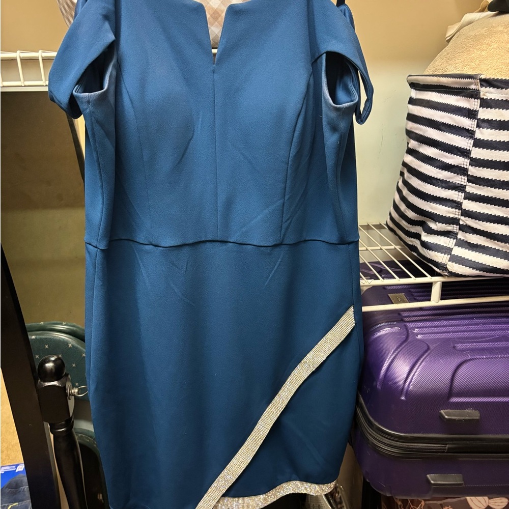 BCX Asymmetrical Blue Dress with Silver Trim